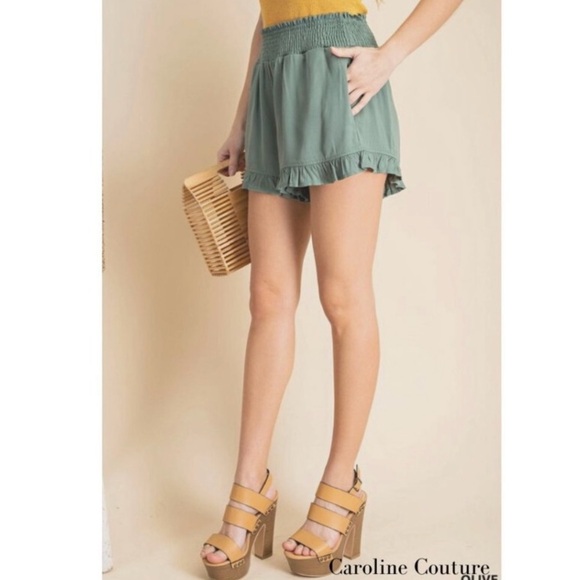 NWT Kori Green High Waist Shorts with Flowy Ruffle Hem - Picture 2 of 7
